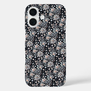 Coques iPhone 16 Housse à motif floral noir et blanc pour l'hiver