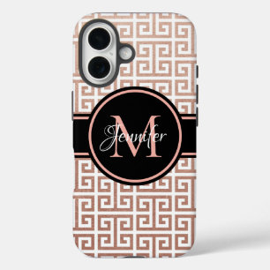 Coques iPhone 16 Huile d'or blanche et Rose Clé grecque Monogramme 