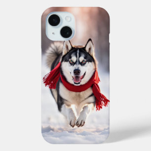 Coque Pour iPhone 15 Husky Portant Une Écharpe D'Hiver Rouge