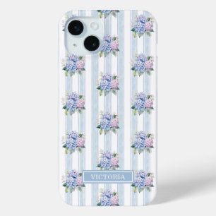 Coque iPhone 15 Mini Hydrangeas Bleus et Roses Monogrammées