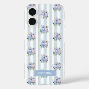 Coques iPhone 16 Hydrangeas Bleus et Roses Monogrammées