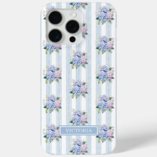 Coque iPhone 15 Pro Max Hydrangeas Bleus et Roses Monogrammées