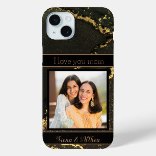 Coque iPhone 15 Mini I Love you Mom Black and Gold Personnalisable