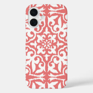 Coques iPhone 16 Ikat damask pattern - Coral rose et blanc