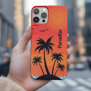 Coque iPhone 15 Pro Île des Palmiers sous un Ciel Rouge