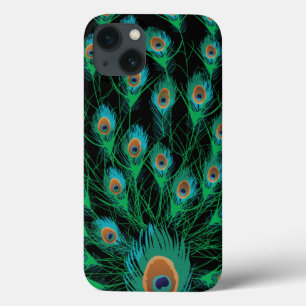 iPhone 13 Case Illustration avec des plumes de paon sur le noir