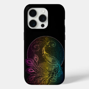 Coque iPhone 15 Pro Illustration de paon Art nouveau coloré de minuit