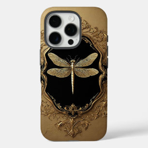Coques iPhone 16 Pro Illustration élégante de libellule en or