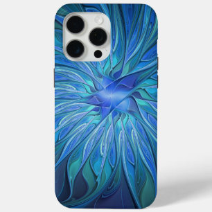 Coque iPhone 15 Pro Max Imaginaire Fleur Bleue Motif, Art Fractal Abstrait