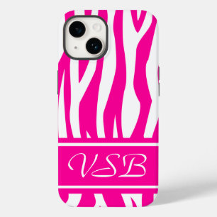 Coque Pour iPhone 14 Impression Zèbre rose chaud avec monogramme
