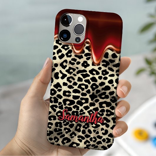Coques Case-Mate iPhone Imprimé chic léopard rouge monogramme qui coule