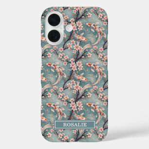 Coques iPhone 16 Imprimé de carpe Koï Sakura japonaise monogrammé