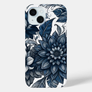 Coque Pour iPhone 15 Imprimé floral bohème bleu et blanc