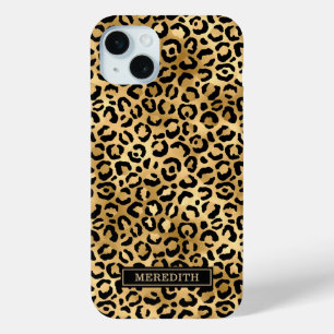Coque iPhone 15 Mini Imprimé léopard à motif feuille d'or monogrammé