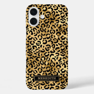 Coques iPhone 16 Plus Imprimé léopard en feuille d'or monogrammé