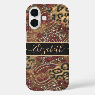 Coques iPhone 16 Imprimé léopard et paisley Personnaliser le nom