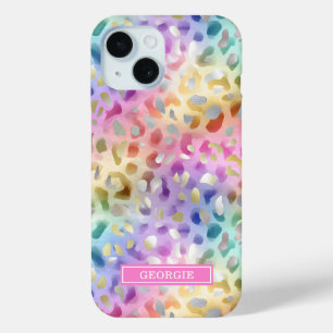Coque Pour iPhone 15 Imprimé Léopard Iridescent Pastel Monogrammé