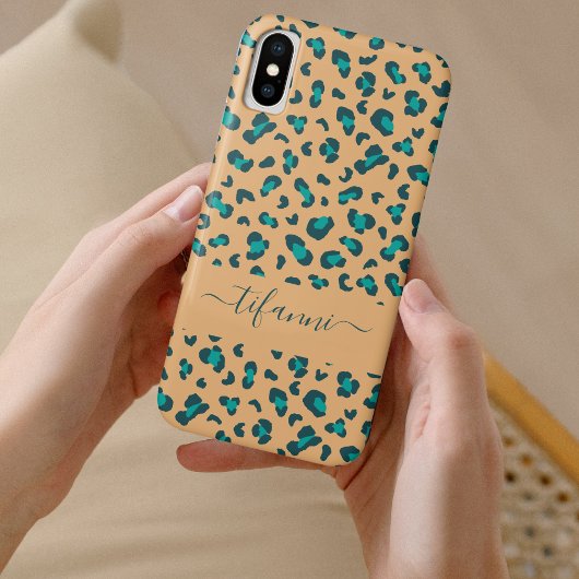 Coques Case-Mate iPhone Imprimé Léopard Sarcelle Brun Nom Modifiable