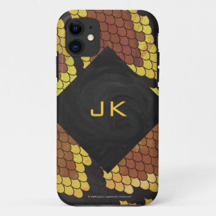 Coque iPhone 11 Imprimé serpent brun et or Monogramme