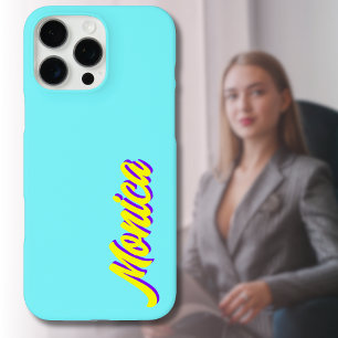 Coques iPhone 16 Pro Max Indigo 3D jaune Nom moderne Funny Electric Blue