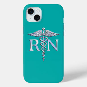 Coque iPhone 15 Mini Infirmière autorisée RN Caduceus sur Turquoise