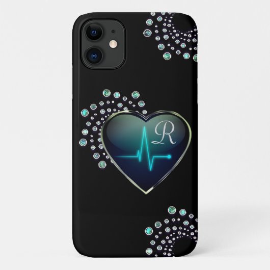 Coques Case-Mate iPhone Infirmière EKG coeur et bijou noir argent bleu (Dos)