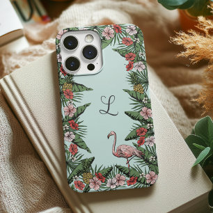 Coques iPhone 16 Pro Initial flamant rose tropical dessiné à la main