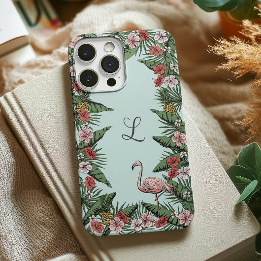 Coques Case-Mate iPhone Initial flamant rose tropical dessiné à la main