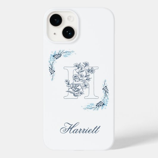 Coques Case-Mate iPhone Initiale "H" Monogramme bleu Calme Floral (Verso)