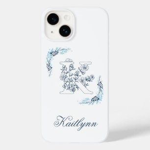 Coque Pour iPhone 14 Initiale "K" Blue Monogram Calme Floral