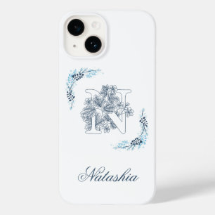 Coque Pour iPhone 14 Initiale "N" Monogramme bleu Calme Floral