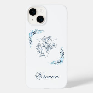 Coque Pour iPhone 14 Initiale "V" Monogramme bleu Calme Floral