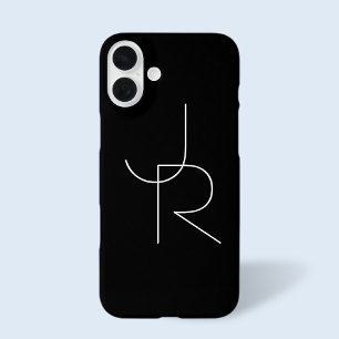 Coques iPhone 16 Plus Initiales 2 superposées modernes Blanc sur noir