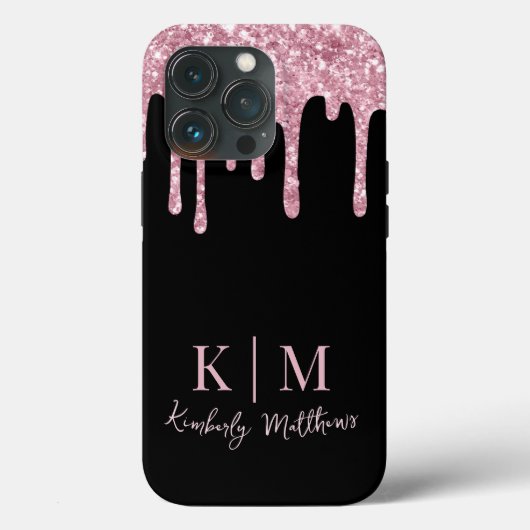 Coques Case-Mate iPhone Initiales de monogramme à paillettes roses sur fon (Verso)