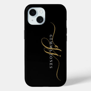 Coque Pour iPhone 15 Initiales de monogramme de script élégant Noir Or