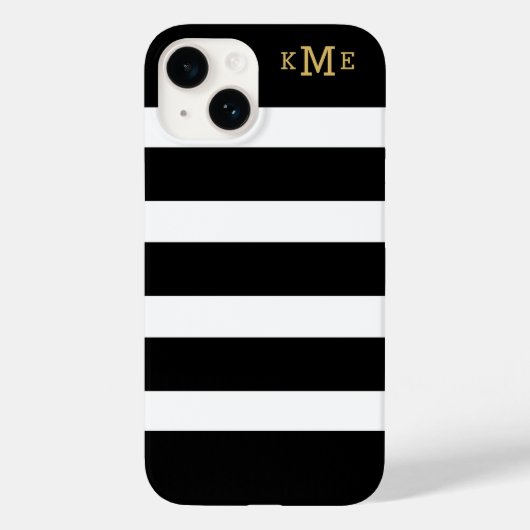 Coques Case-Mate iPhone Initiales de monogramme d'or Bandes noires et blan (Verso)