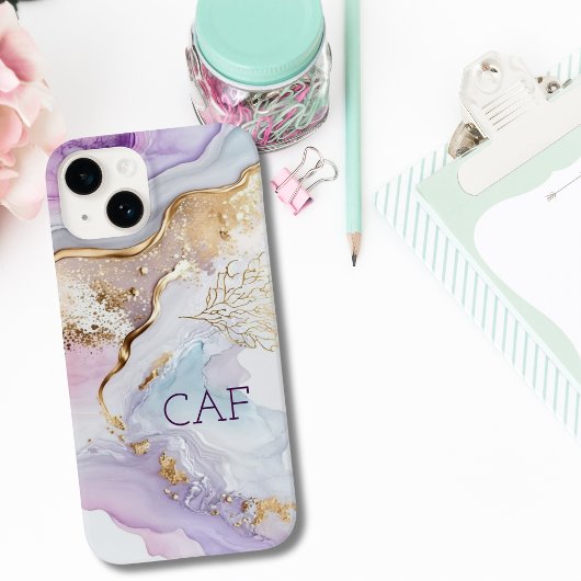 Coques Case-Mate iPhone Initiales de monogramme lavis aquarelle bleu viole