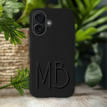 Coques iPhone 16 Initiales de Monogramme Noir Moderne Contemporain<br><div class="desc">Moderne Monogramme Noir Initiales Téléphone Contemporain 16 Coques dispose d'un monogramme personnalisé dans la typographie de script moderne. Parfait pour la famille et les amis pour les anniversaires,  Noël,  vacances,  Fête des Mères,  Fête des pères et plus. Conçu par ©2024 Evco Holidays www.zazzle.com/store/evcoholidays</div>