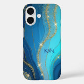 Coques Case-Mate iPhone Initiales de monogramme paillettes bleues or (Verso)