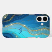 Coques Case-Mate iPhone Initiales de monogramme paillettes bleues or (Verso (horizontal))