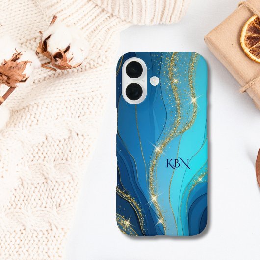 Coques Case-Mate iPhone Initiales de monogramme paillettes bleues or
