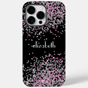 Coque Pour Pour iPhone 14 Pro Max Initiales de nom en monogramme Noir Rose Paillette