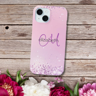 Coque Pour iPhone 15 Initiales de nom en monogramme rose paillettes vio