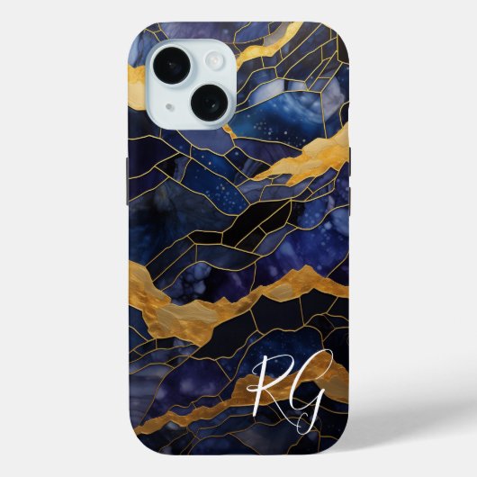 Coques Case-Mate iPhone Initiales en marbre Abstrait bleu or (Verso)