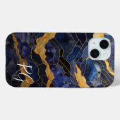 Coques Case-Mate iPhone Initiales en marbre Abstrait bleu or (Verso (horizontal))