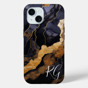Coque Pour iPhone 15 Initiales en marbre Abstrait d'or noir