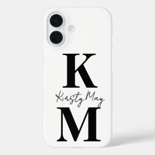 Coques iPhone 16 Initiales Modernes Nom Blanc Noir Personnaliser