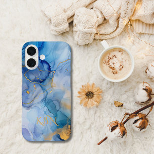 Coques iPhone 16 Initiales Monogramme Aquarelle Encre Alcoolique Or