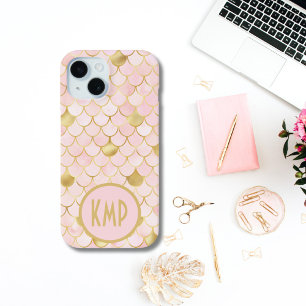 Coque Pour iPhone 15 Initiales Monogramme Écailles de Sirène Rose Gold