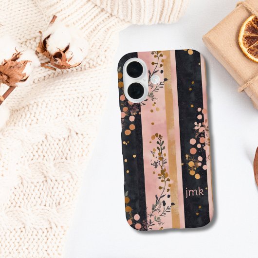 Coques Case-Mate iPhone Initiales Monogramme Fleurs Rayures Rose Or Noir